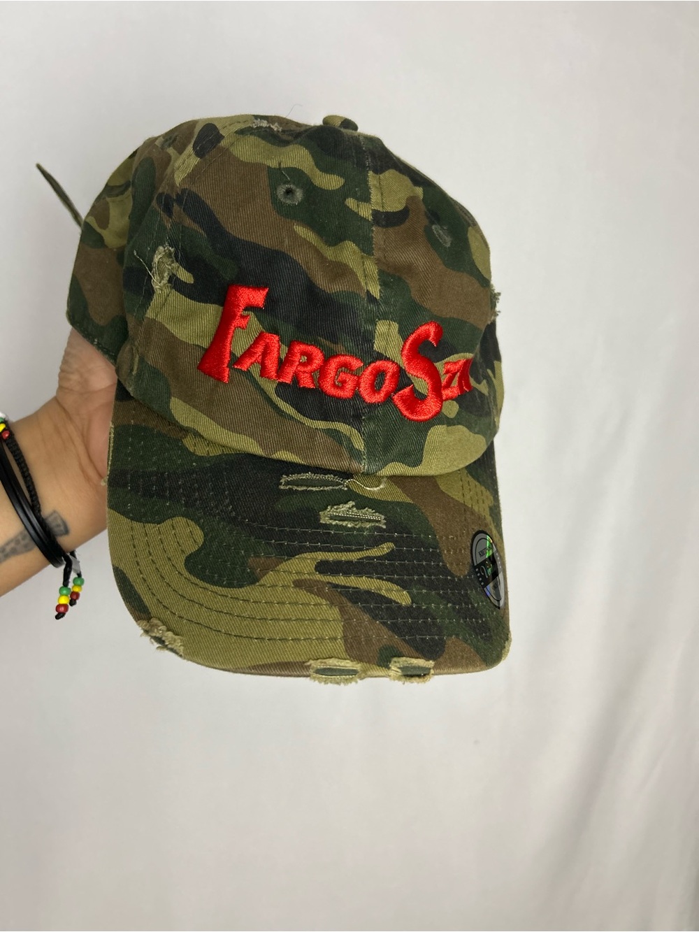 Camouflage Distressed Baseball Cap with Red Embroidery